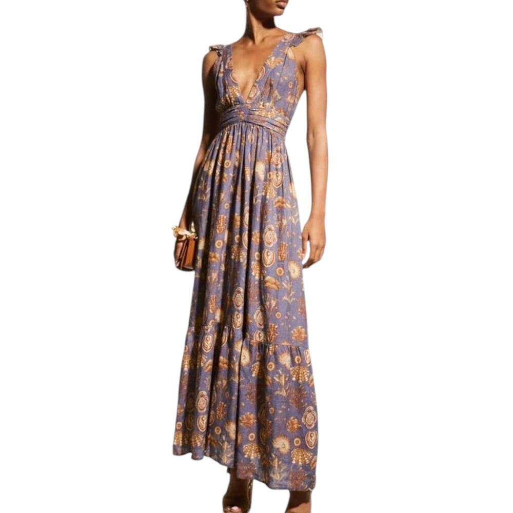 Carolina K Penelope Maxi Dress Small Linen Flutter Tiered Seashell Deep V-neck
